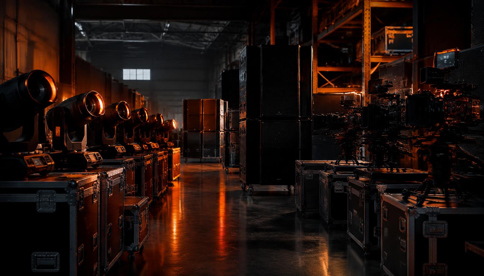 Rental warehouse full of speakers, lighting and video gear
